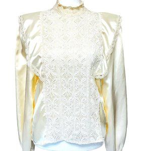 Vintage Victorian Edwardian Blouse Lace Trim High Neck Long Sleeve Regency